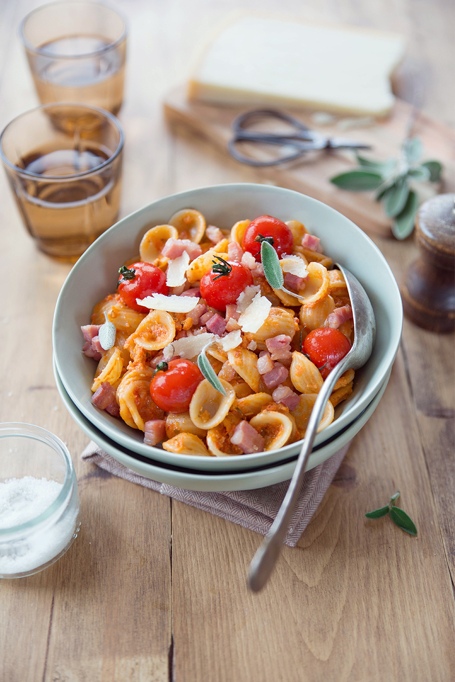 Orecchiette pancetta et tomates cerises rôties ©‎Fraise & Basilic