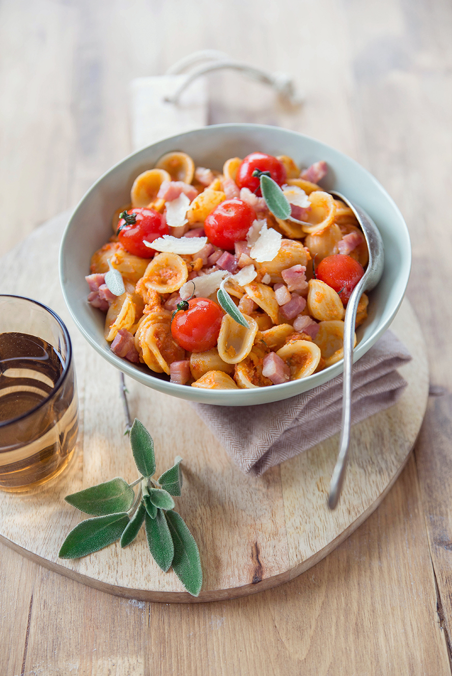 Orecchiette pancetta et tomates cerises rôties ©‎Fraise & Basilic